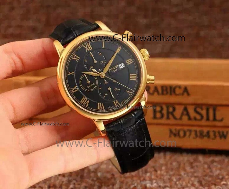 Buy Replica Tissot T085 Gold Case Black Leather Mens Watch